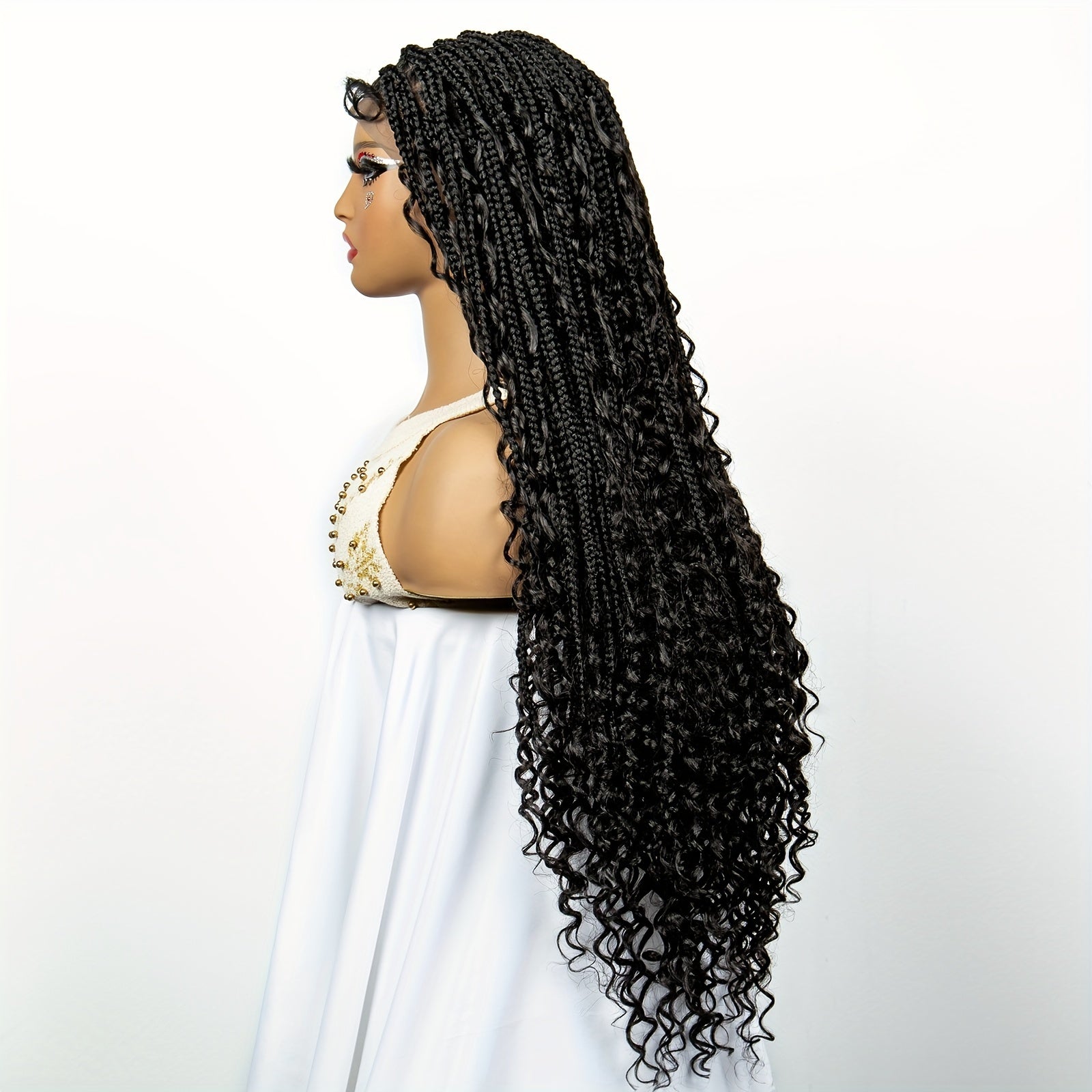 Full Lace Women's Bohemian Knotless Braided Full Lace Wig, Long Goddess Braided Wig, Curly Synthetic Braids With Baby Hair, Synthetic Bohemian Braided Wig